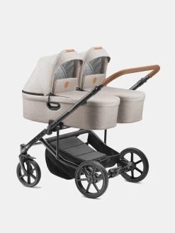Jedo – Duo Zwillingskinderwagen – 4 In 1 – Farbe D51 – Beige Mit Mit Karamell Schiebegriff – Plus Coral 360 Und Familyfix 360